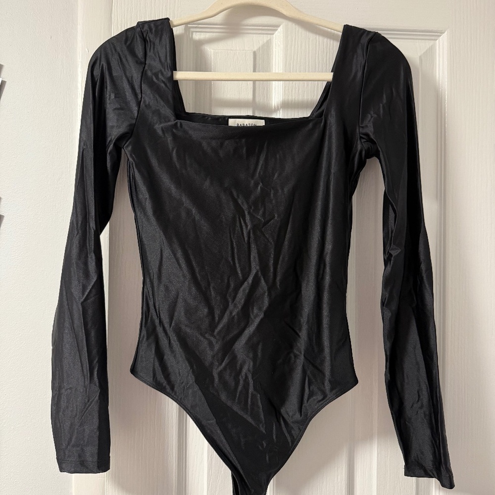 Black Babaton long sleeve square neck satin bodysuit #bodysuit